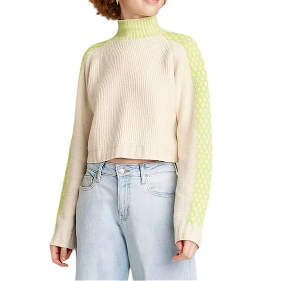 wild fable Sweaters - Wild Fable Beige Neon Green Cropped Boxy Pullover Knitted Sweater